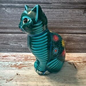 Tonala Mexican Pottery 8" Cat Turquoise Blue Talavera floral yellow pink grey